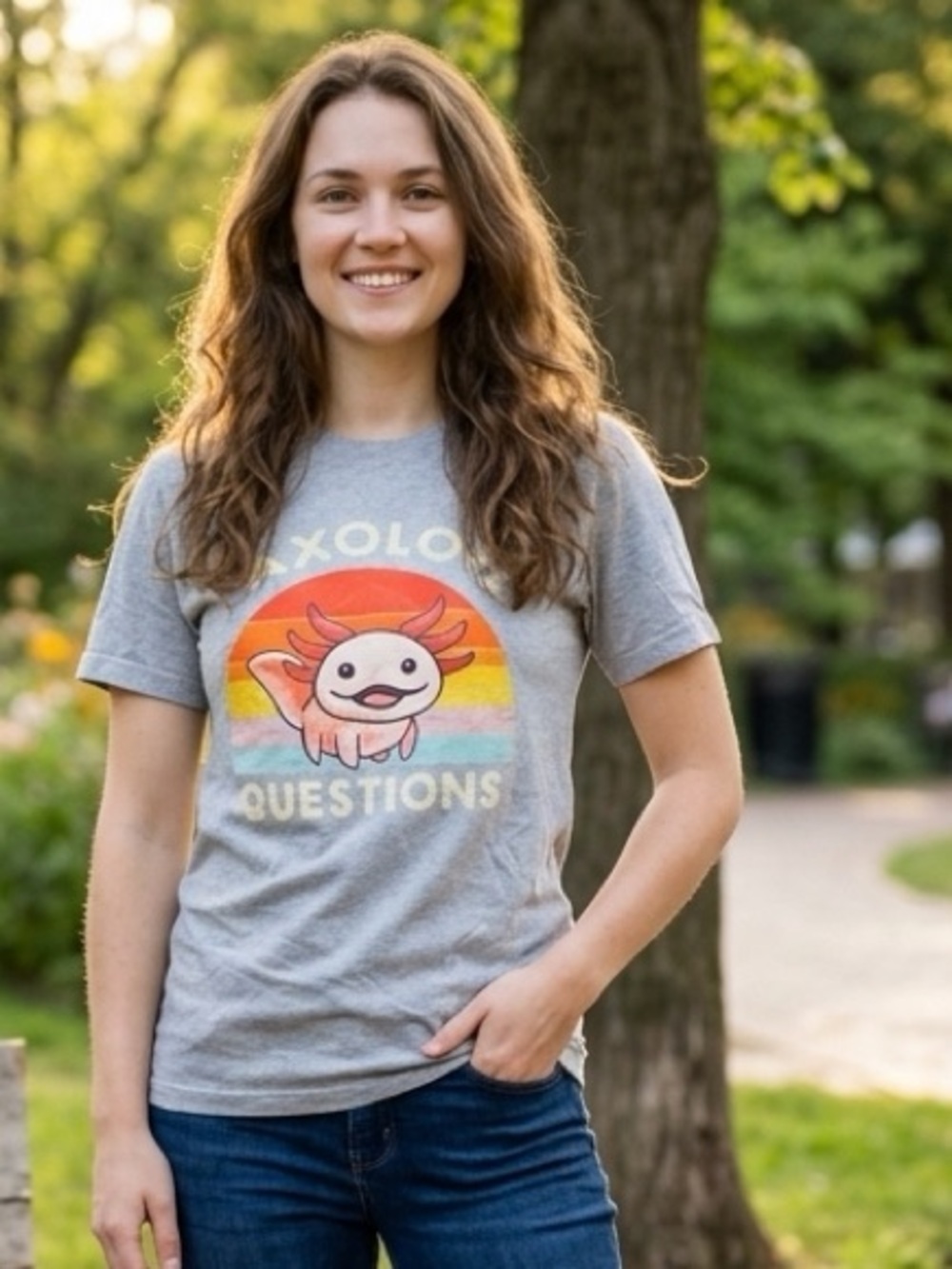 Caribbean Gray  Axolotl Graphic Tee with Rainbow Stripes
